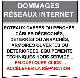 Poteaux cassés ou penchés,  câbles décrochés,  déterrés ou arrachés,  armoires ouvertes ou  détériorées, équipements  techniques hors service...  en quelques clics ...  accélérer la réparation ! Dommages   Réseaux internet
