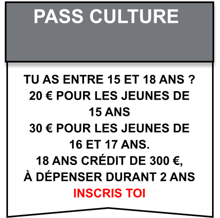 Tu as entre 15 et 18 ans ? 20 € pour les jeunes de  15 ans  30 € pour les jeunes de  16 et 17 ans. 18 ans crédit de 300 €,  à dépenser durant 2 ans Inscris toi pass culture