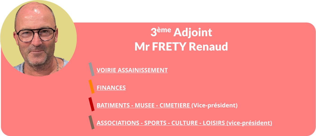 3ème Adjoint Mr FRETY Renaud  VOIRIE ASSAINISSEMENT   FINANCES  BATIMENTS - MUSEE - CIMETIERE (Vice-président)  ASSOCIATIONS - SPORTS - CULTURE - LOISIRS (Vice-président)