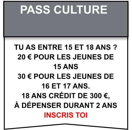 Tu as entre 15 et 18 ans ? 20 € pour les jeunes de  15 ans  30 € pour les jeunes de  16 et 17 ans. 18 ans crédit de 300 €,  à dépenser durant 2 ans Inscris toi pass culture